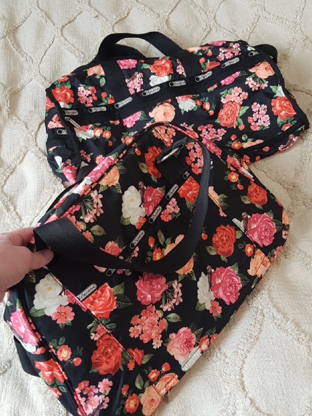 Set Of 2 LeSportsac Black Floral Tote with Pink, Coral & White Roses